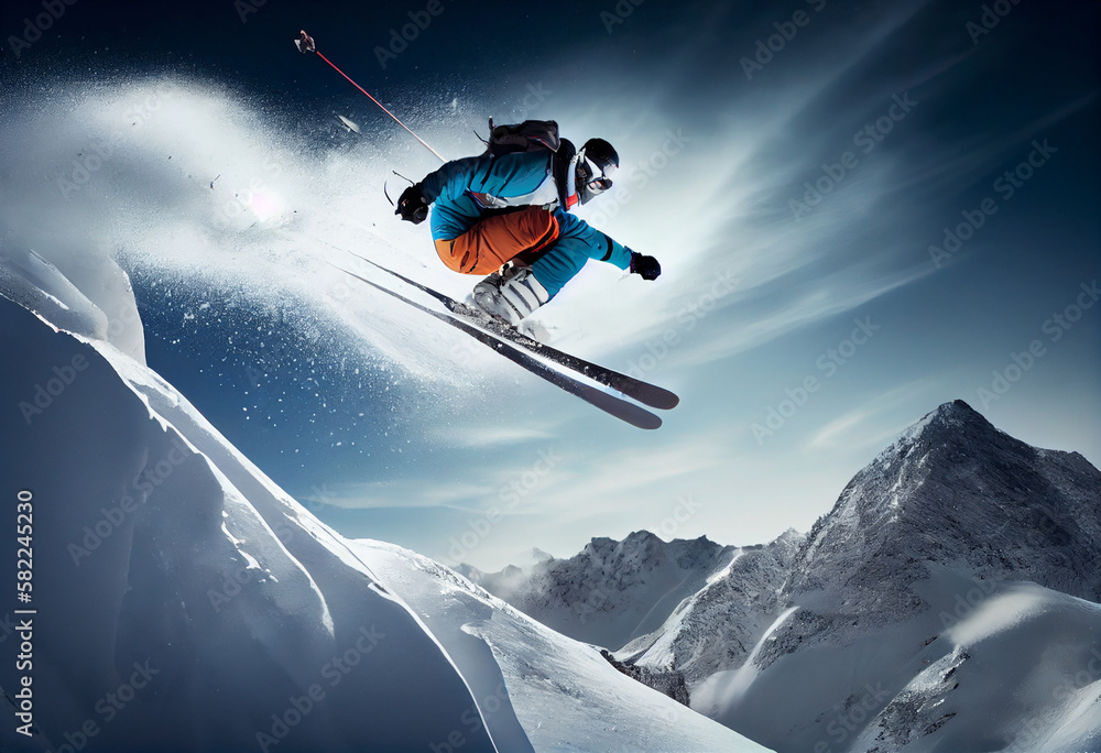 Winter Extreme athlete Sports ski jump on mountain. Generate Ai