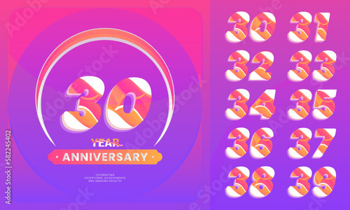 Number sets 30-39 year anniversary celebration.  logotype style with handwriting violet color for celebration event, wedding, greeting card, and invitation. photo