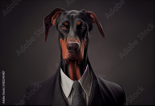 Portrait of a dog Dobermann dressed in a formal business suit. Generate Ai © AI_images