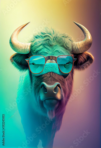 Creative animal composition. Buffalo wearing shades sunglass eyeglass isolated. Pastel gradient background. With text copy space. Generate Ai © AI_images