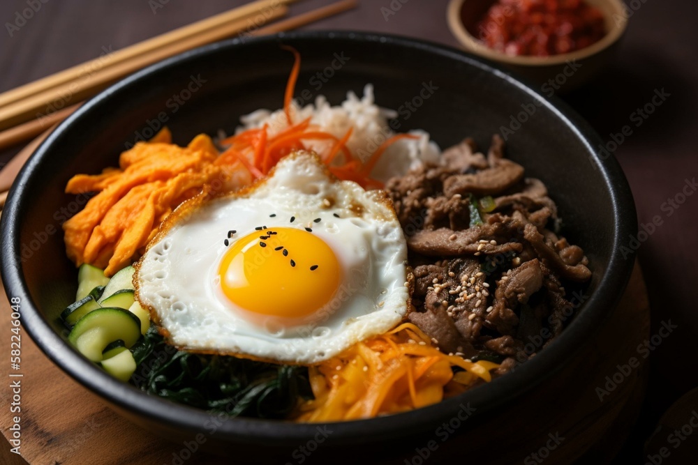 Still life, a plate of Korean bibimbap with an egg yolk in the center. Generative AI