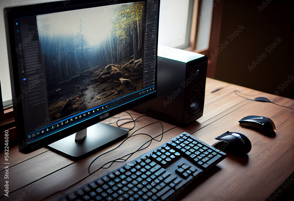 Shot of a Desktop computer and keyboard and mouse in the Creative Modern Office.Generate Ai Shot of a Desktop computer and keyboard and mouse in the Creative Modern Office.Generate Ai