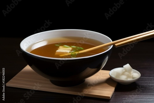 A bowl of miso soup with a spoon and a pair of chopsticks on the side. Generative AI