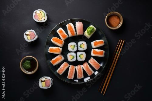 Still life, a plate of sushi rolls arranged in a circle with chopsticks in the center. Generative AI