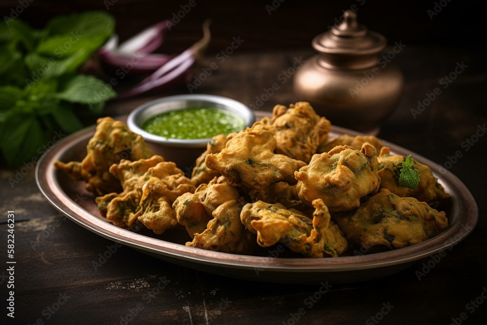 Still life, a platter of Indian pakoras with mint chutney for dipping
