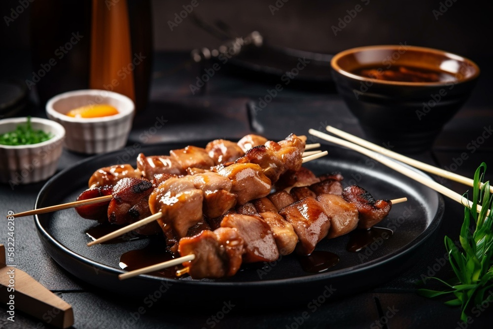 Still life, a platter of Japanese yakitori skewers with teriyaki sauce. Generative AI