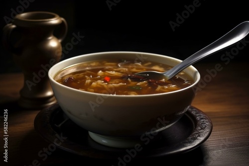 Still life, a bowl of Chinese hot and sour soup with a spoon on the side. Generative AI