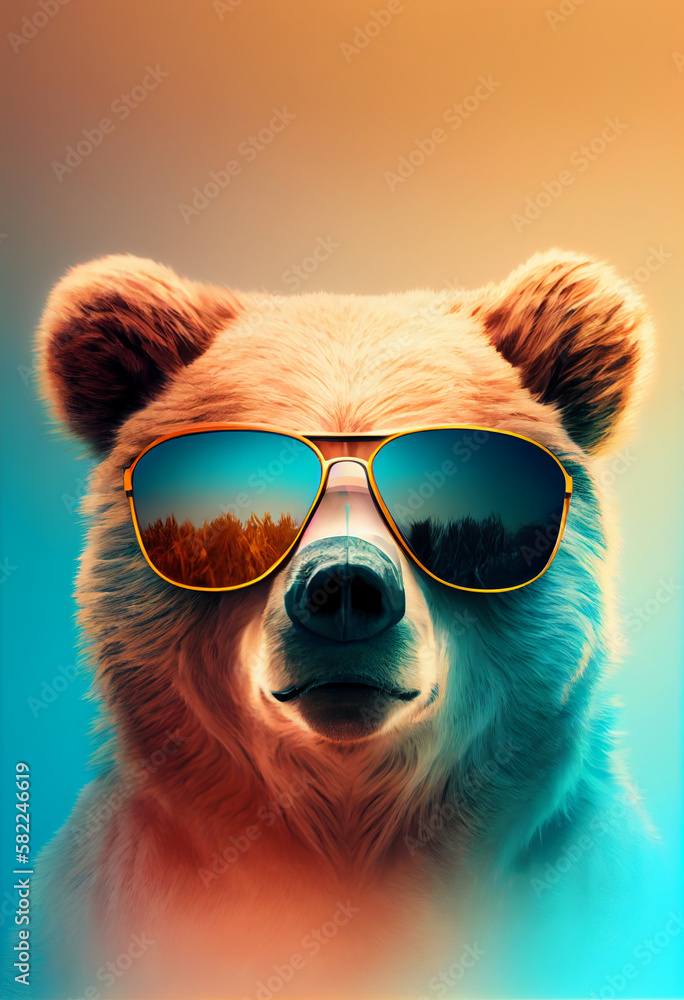 Creative animal composition. Bear wearing shades sunglass eyeglass isolated. Pastel gradient background. With text copy space. Generate Ai