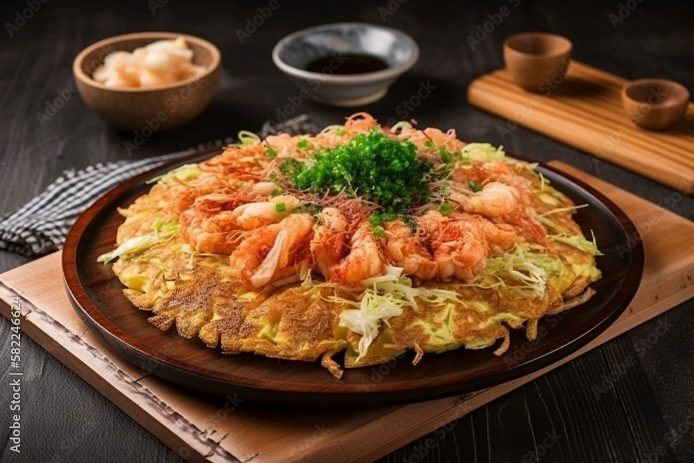 Still life, a platter of Japanese okonomiyaki with cabbage and seafood. Generative AI Still life, a platter of Japanese okonomiyaki with cabbage and seafood. Generative AI