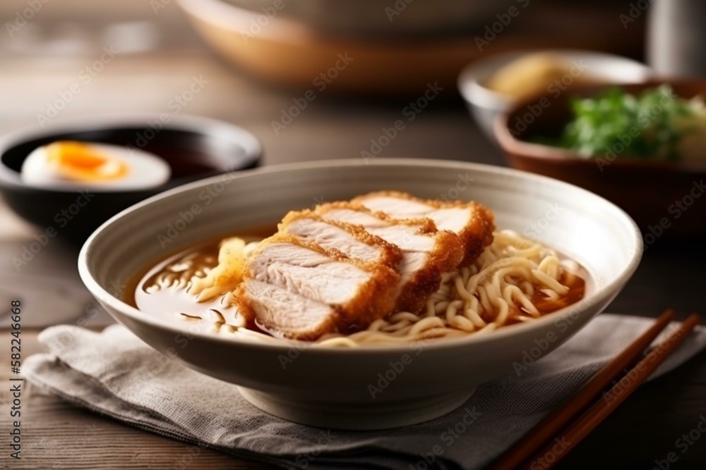 Still life, a bowl of Japanese tonkatsu ramen with pork and egg. Generative AI Still life, a bowl of Japanese tonkatsu ramen with pork and egg. Generative AI