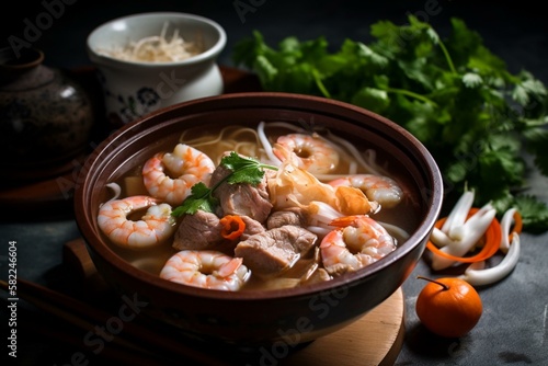 Still life, a bowl of Vietnamese hu tieu with pork and shrimp. Generative AI
