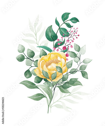 Watercolor flower bouquet - green leaves, yellow flowers, leaf branches. Wedding invitation stationery wallpaper trendy prints. Eucalyptus, olive, rose, peony.