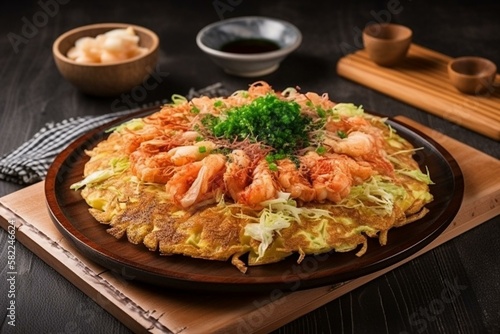 Still life, a platter of Japanese okonomiyaki with cabbage and seafood. Generative AI