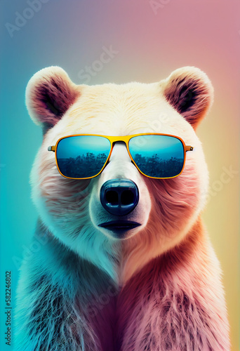 Creative animal composition. Bear wearing shades sunglass eyeglass isolated. Pastel gradient background. With text copy space. Generate Ai