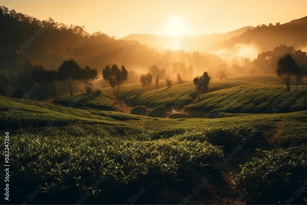 Green Tea Plantation at Sunrise with Tea Plants in the shining rays of the sun. Chinese Green Tea Landscape. Ai generated