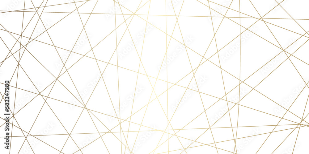 Abstract luxury golden geometric random chaotic lines with many squares and triangles shape on white background.