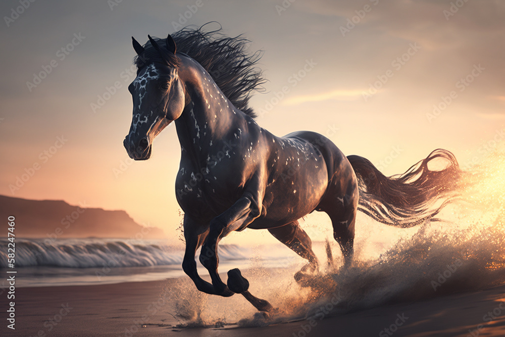 Beautiful Horse running on a beach at sunset. Stallion Running on the beach splashing waves at sunrise. Ai generated Beautiful Horse running on a beach at sunset. Stallion Running on the beach splashing waves at sunrise. Ai generated