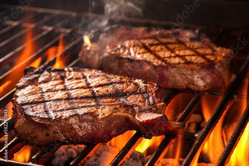 Grilled meat, steaks on the grill with fire. Barbecue party. Generative AI