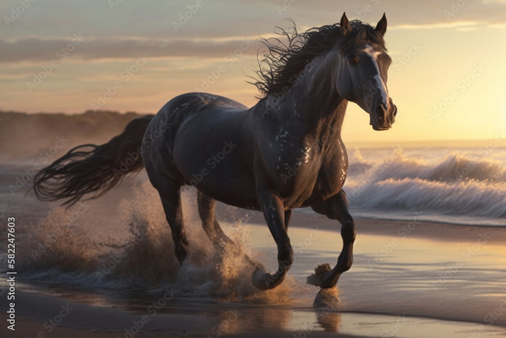 Beautiful Horse running on a beach at sunset. Stallion Running on the beach splashing waves at sunrise. Ai generated