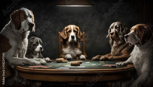 From classic paintings to internet memes, dogs playing poker has captured the hearts and imaginations of audiences around the world, inspiring laughter and creativity, GENERATIVE AI photo