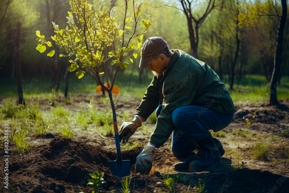 Man planting a young tree. Re forestation. Planting a tree with a shovel. Hands planting a young tree. Ai generated ( not a real person ) Man planting a young tree. Re forestation. Planting a tree with a shovel. Hands planting a young tree. Ai generated ( not a real person )