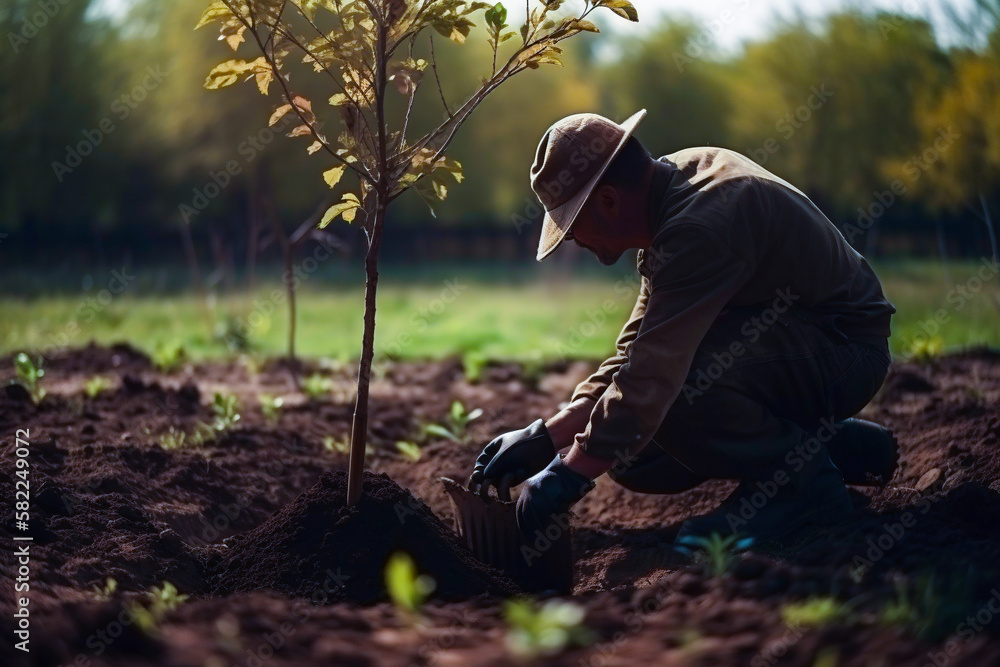 Man planting a young tree. Re forestation. Planting a tree with a shovel. Hands planting a young tree. Ai generated ( not a real person ) Man planting a young tree. Re forestation. Planting a tree with a shovel. Hands planting a young tree. Ai generated ( not a real person )