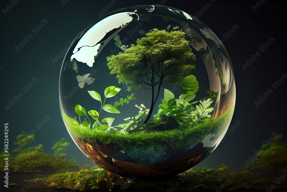 Close up of glass globe in the forest. Generative Ai