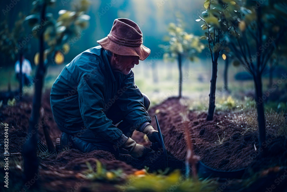 Man planting a young tree. Re forestation. Planting a tree with a shovel. Hands planting a young tree. Ai generated ( not a real person ) Man planting a young tree. Re forestation. Planting a tree with a shovel. Hands planting a young tree. Ai generated ( not a real person )