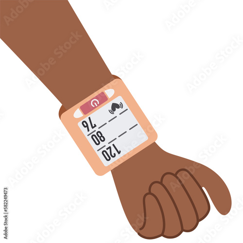 Blood pressure monitor on the wrist.Black hand with wrist tonometer.Cuff measuring arterial blood pressure.World heart day.World hypertension day