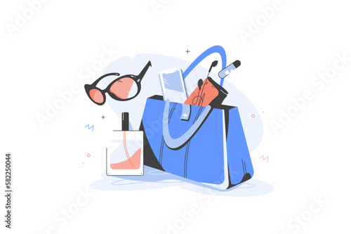 Female handbag with its contents. Sunglasses, perfume, purse, lip gloss, phone, headphones. Women Items and Accessories vector Illustration. Poster. Cartoon style. Banner. Flat design