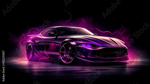 Purple sport car wallpaper on smoke neon background Generative AI