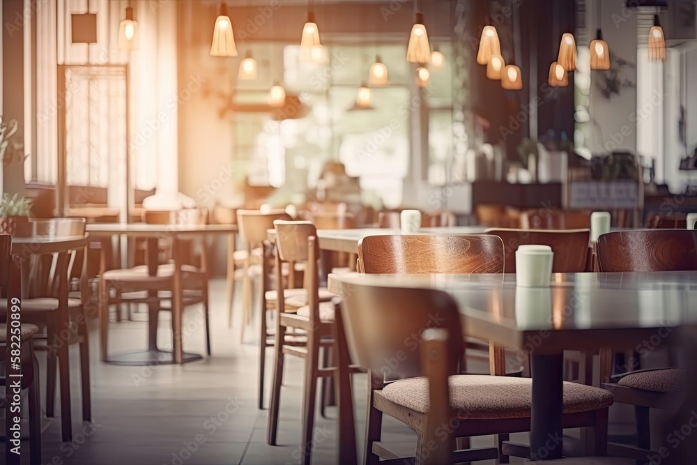 Restaurant interior with light bokeh background and blurred furnishings. Generative AI