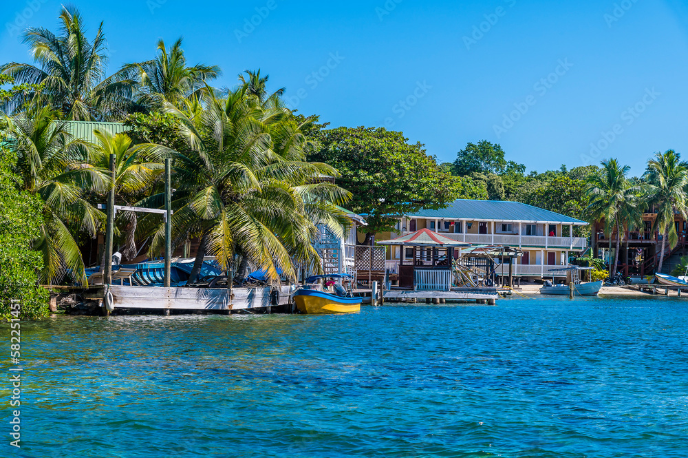 A view from a boat of the isolated shoreline adjacent to West Bay on Roatan Island on a sunny day