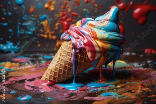 Vibrant Rainbow Cone of Ice cream. Colorful Vibrant ice cream cone on a dark background. Ai generated