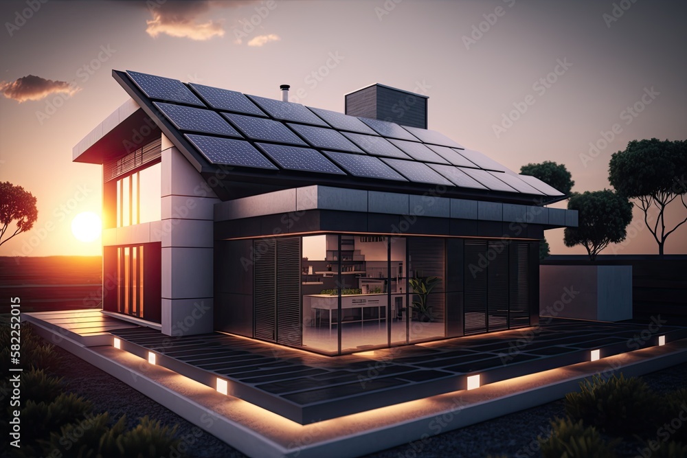 Single family house with solar panels on the roof at sunset or sunrise. Sustainability concept. Generative AI