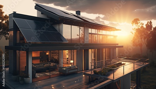 Single family house with solar panels on the roof at sunset or sunrise. Sustainability concept. Generative AI