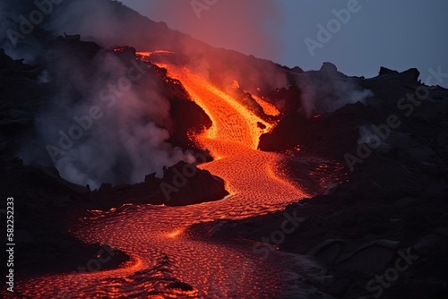 Streams of red hot stone from the volcano. Generative ai.