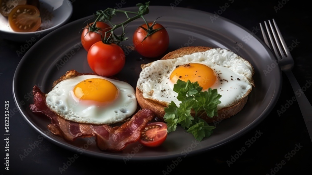 English breakfast fried egg with bacon, generative ai English breakfast fried egg with bacon, generative ai