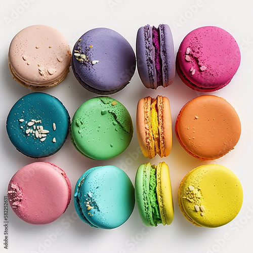Cakes macaron or macaroon on light background, colorful vibrant almond cookies, brightl colors.