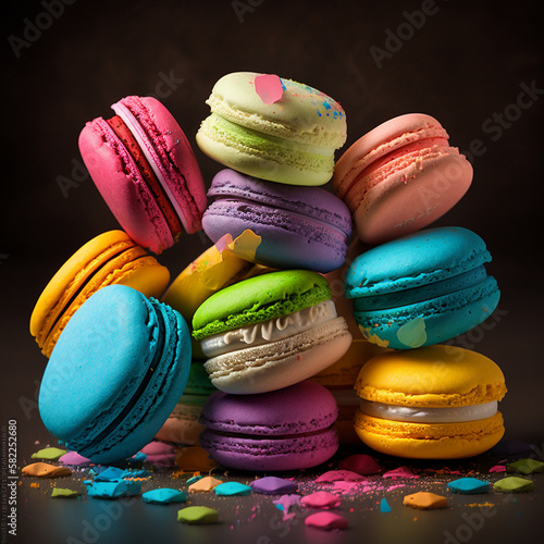 Cakes macaron or macaroon stack on dark background, colorful vibrant almond cookies, bright colors.