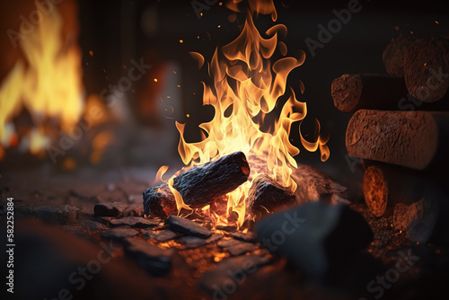 Bonfire, campfire. Night campfire. Burning fire in the forest. generate by ai photo