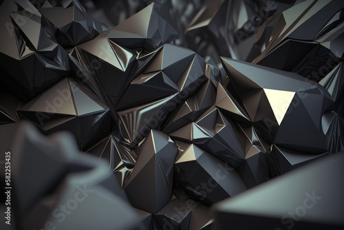 Faceted dark black background with triangles and artistic faceted 3D elements. Dark Background with faceted 3d elements. Ai generated