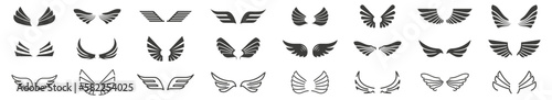 Set of black wings icons. Wings badges. Different shapes of wing collection. Vector isolated illustration.