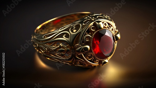 Awesome expensive luxury golden ring with ruby, close-up shot. AI generated.