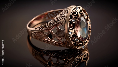 Awesome expensive luxury victorian era ring, close-up shot. AI generated.
