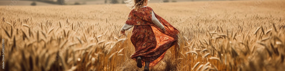 Little girl running through the wheat field. A child carelessly runs across the field on a clear summer day. Ai generated