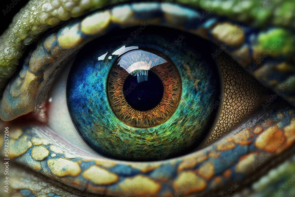 Obraz premium Fantasy Eye with Vibrant Amazing Colors Macro Close up view. Eye Macro with Vibrant Saturated Colors. Ai generated