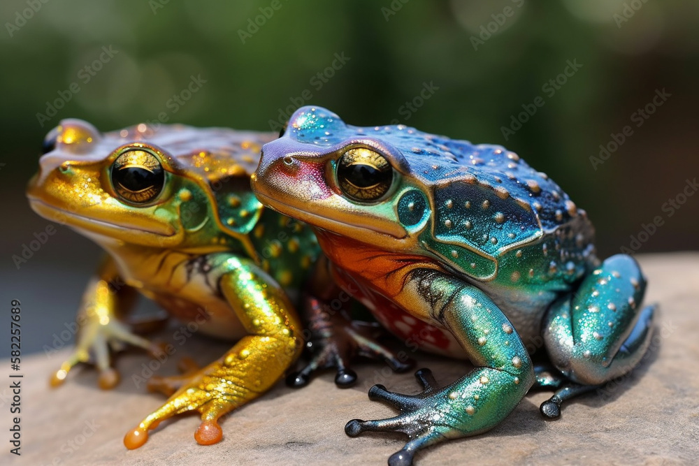 Obraz premium Frogs in Amazing Colors. Vibrant frogs with Beautiful colorful skin. Rainbow colored frogs with amazing detail. Ai generated