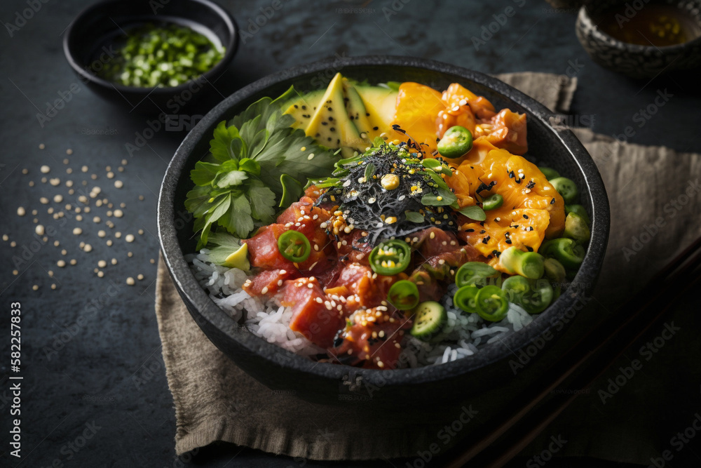 Delicious and colorful poke bowl, featuring fresh seafood, vegetables, and toppings. Ai generated.
