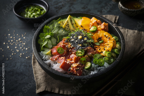 Delicious and colorful poke bowl, featuring fresh seafood, vegetables, and toppings. Ai generated.